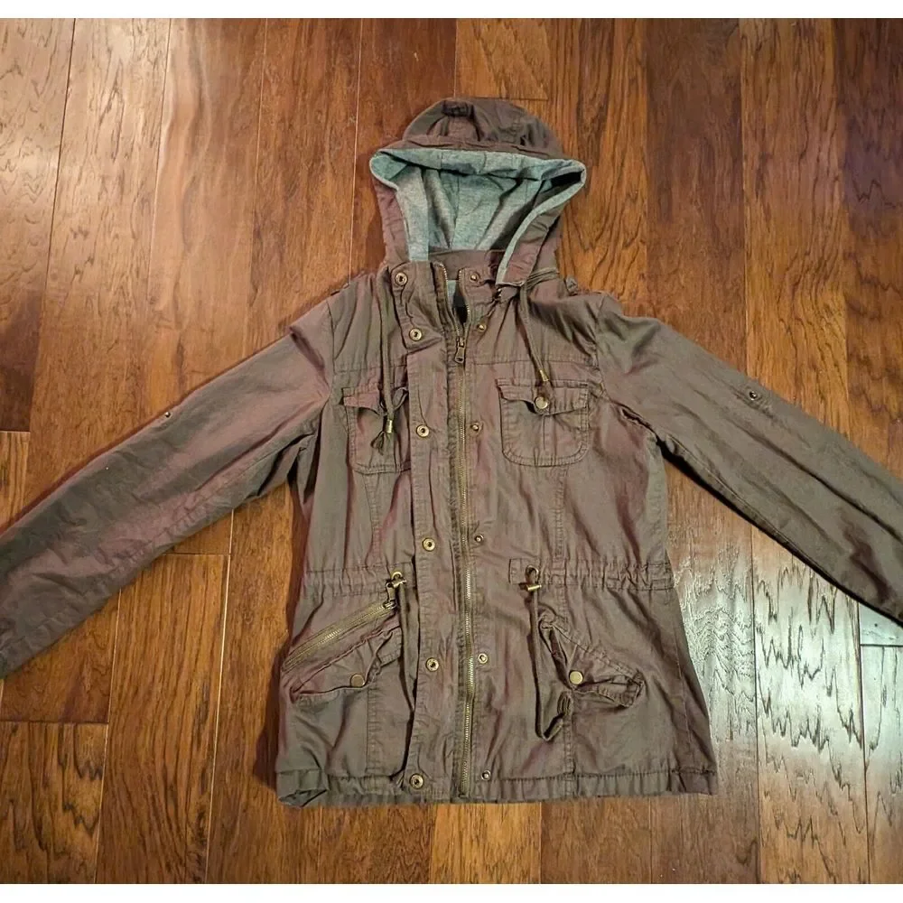 Women's Khaki Army Green Lightweight 100% Cotton Jacket Size Medium Pockets Hood